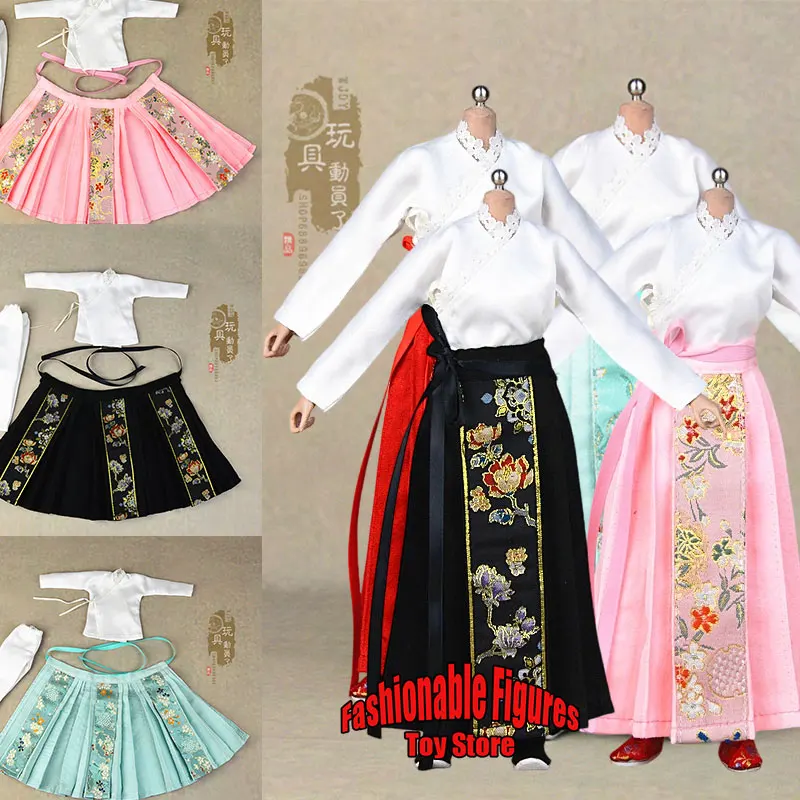 متوفر في المخزون 1/6 ملابس هانفو الصينية القديمة الجندي تنورة وجه الحصان المطبوعة المطرزة لجسم شخصيات الحركة 12 بوصة #2