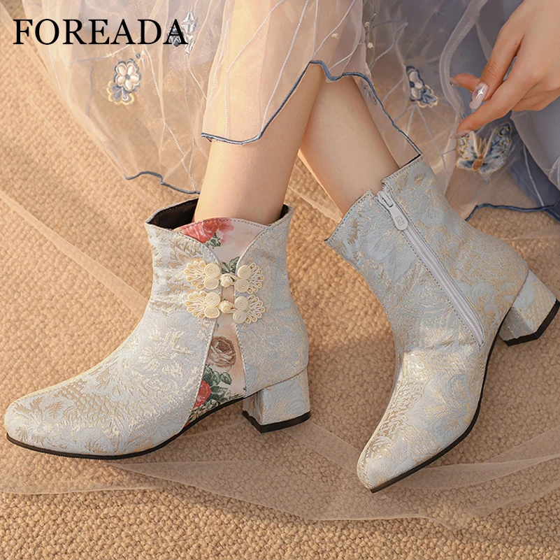 FOREADA Women Ankle Boots Round Toe Block Mid Heels Zipper Short Boots Concise Ladies Fashion Shoes Winter Apricot Black Blue 44