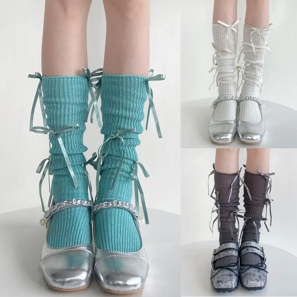 

Solid Color Lolita Stockings Elastic Cotton Women's Socks Multi Bowknot Decoration High Tube Bow Calf Socks Anime Style