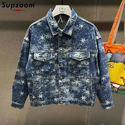 Supzoom 2023 New Arrival Top Fashion Men Casual Denim Jeans Single Breasted Cotton Print Turn-down Collar Short Bomber Jacket