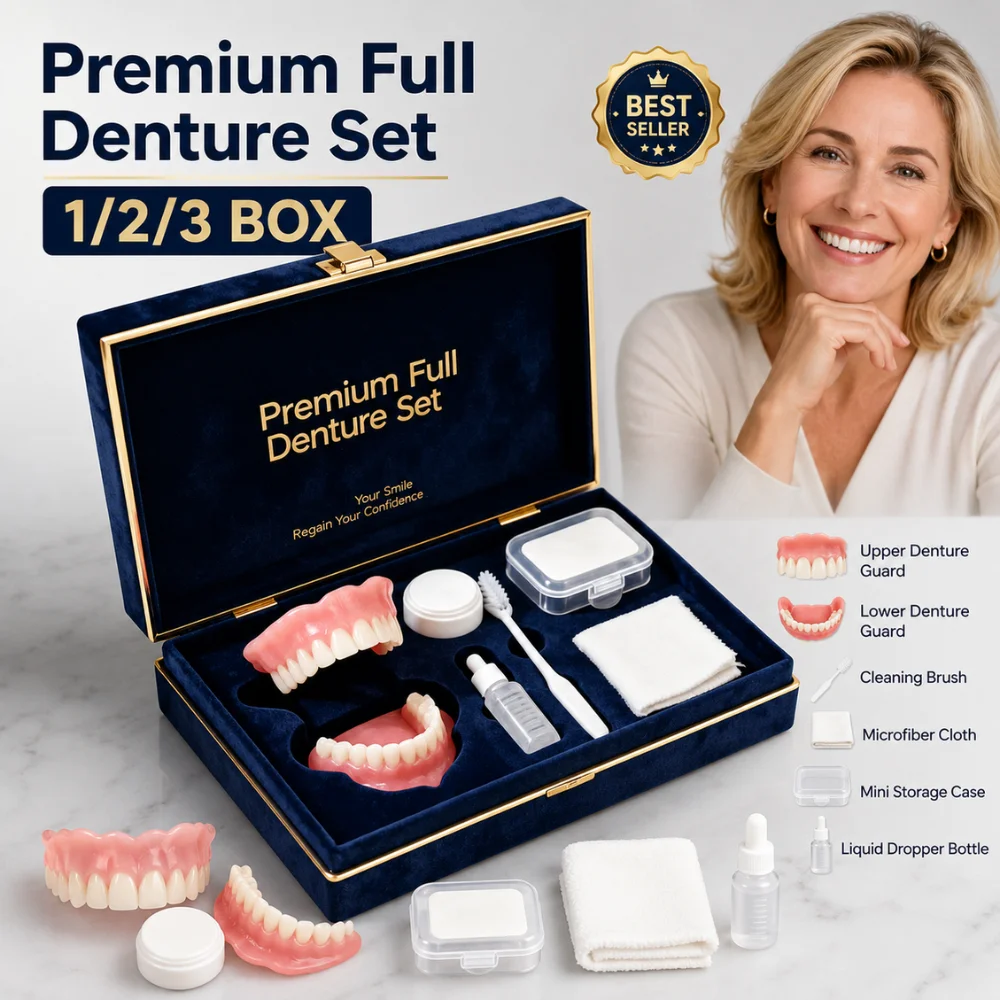 Silicone Full Denture Kit Upper Lower Cosmetic Teeth Set with Cleaning Brush Storage Case Comfortable Daily Smile Wear