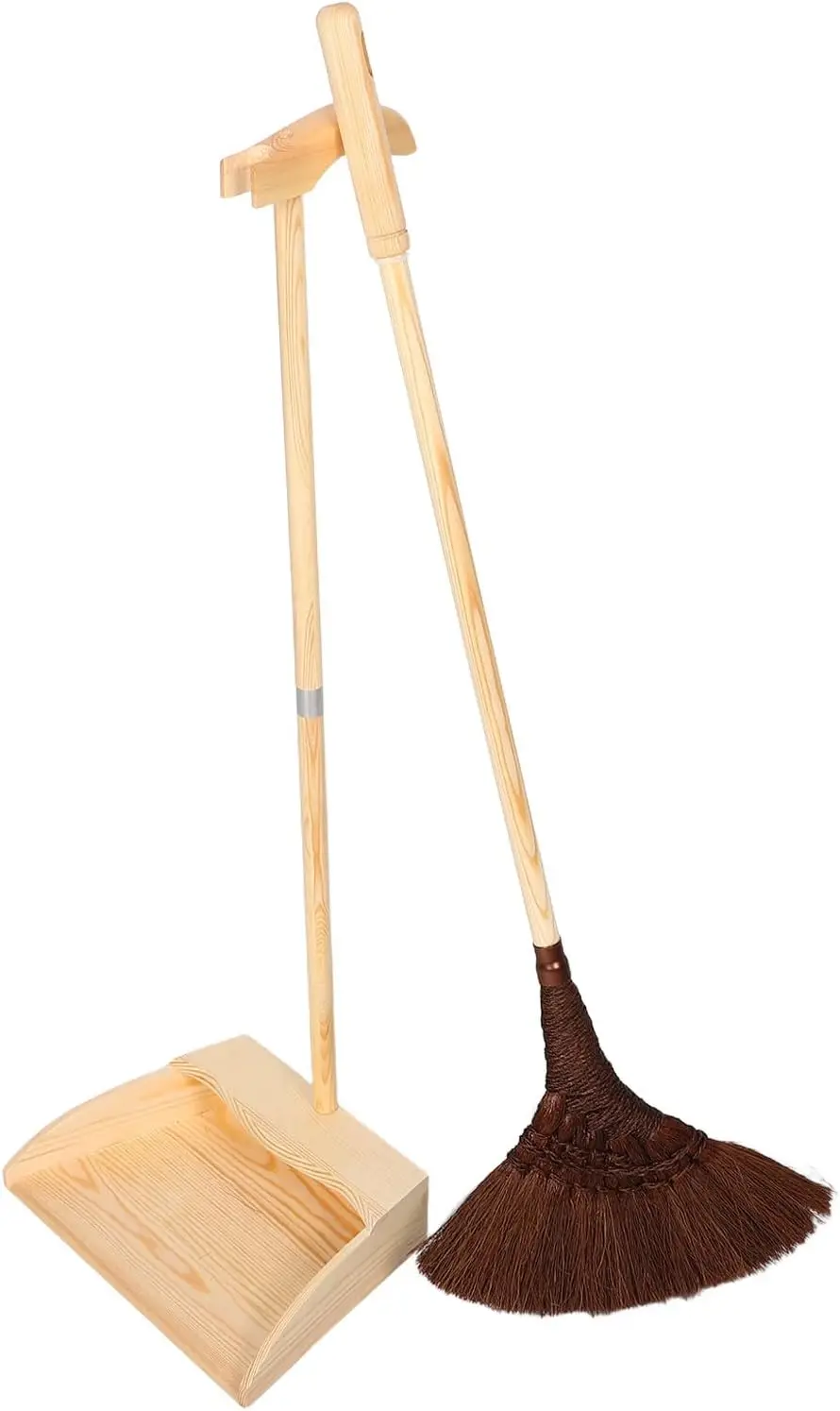 Wooden Broom and Standing Dustpan Set with Handmade Palm Material for Efficient Cleaning of Hard Floors, Vintage Design for Home