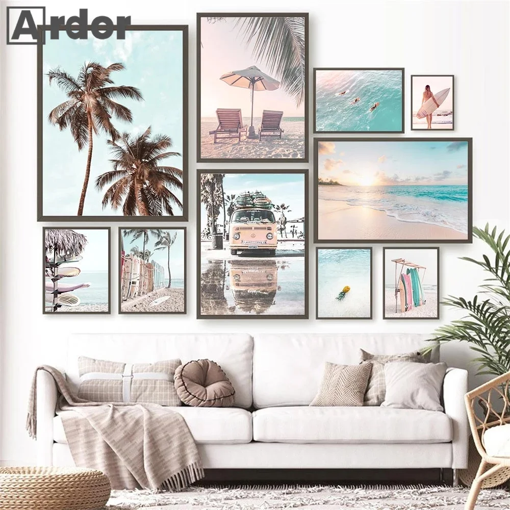 Nordic Beach Surfing Coconut Tree Poster Women Yacht Surfboard Art Print Touring Car Wall Art Canvas Painting Modern Home Decor