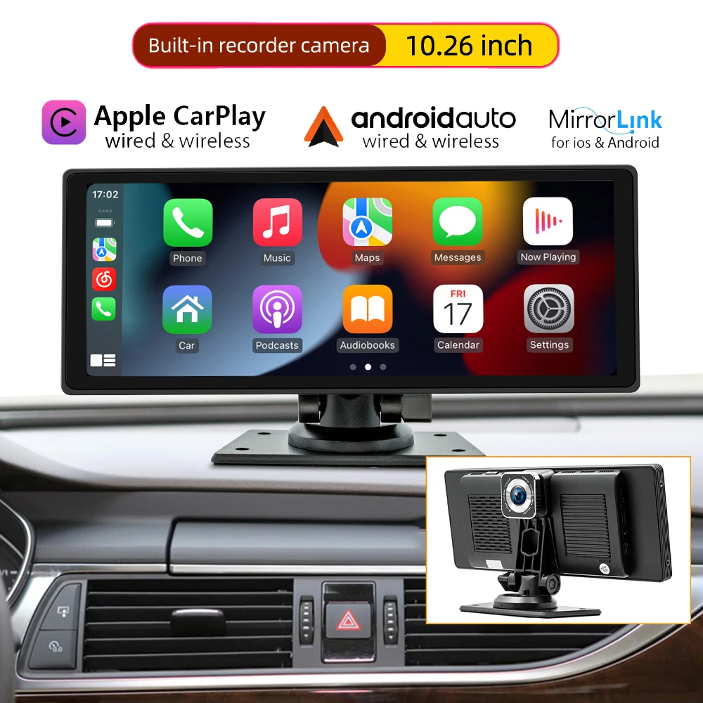 10 Inch Touchscreen Dashcam Video Recorder Car Camera DVR With Wireless CarPlay Android Auto Rear View Camera Monitor Mirrorlink