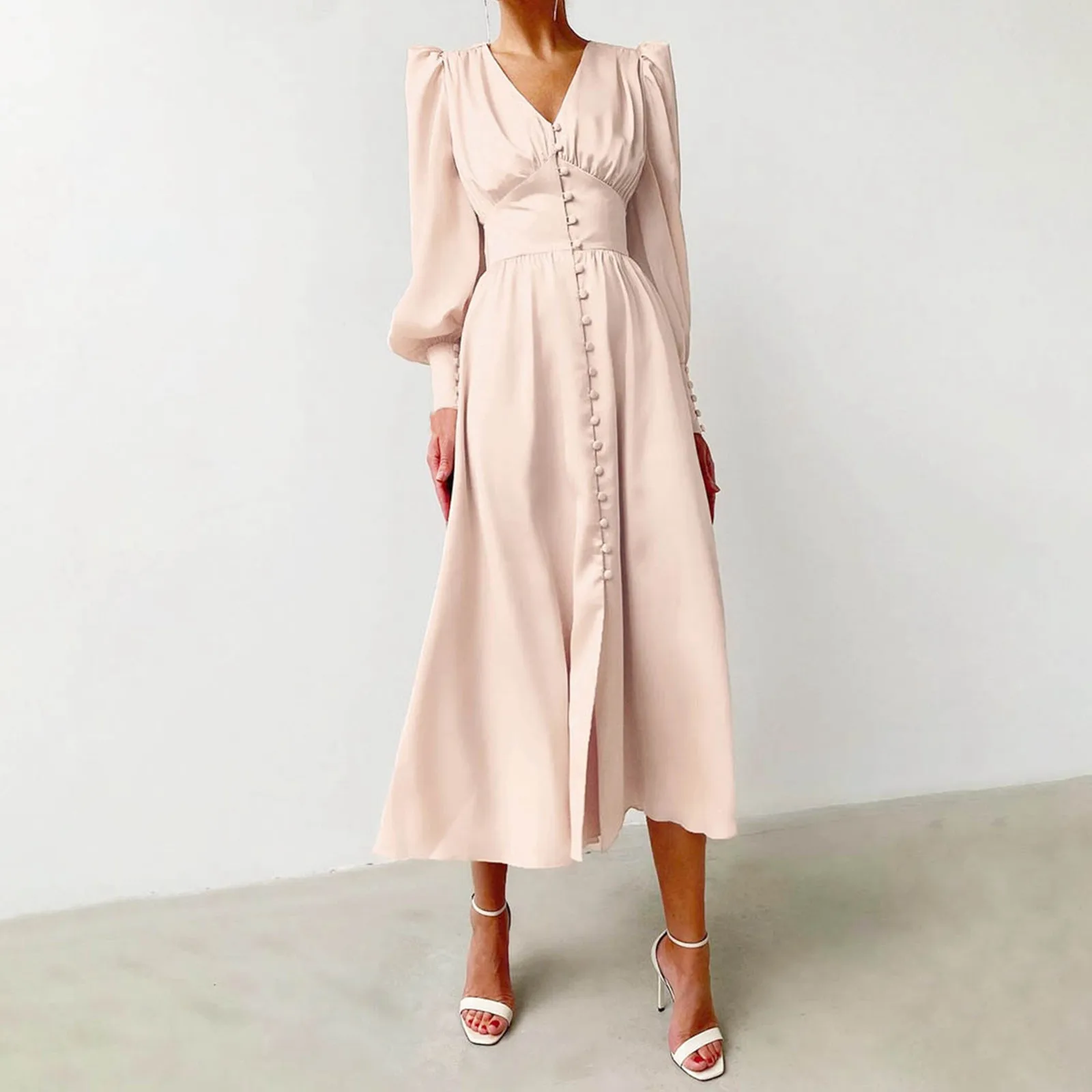 High Waisted Slim Fit Elegant Party Dress V-Neck Ruched Vintage Midi Dress Long Lantern Sleeves Solid Color Evening Dress Women