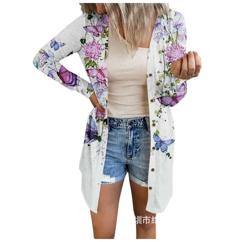 Spring Autumn Women's Floral Print Medium Long Cardigan Cover Jacket