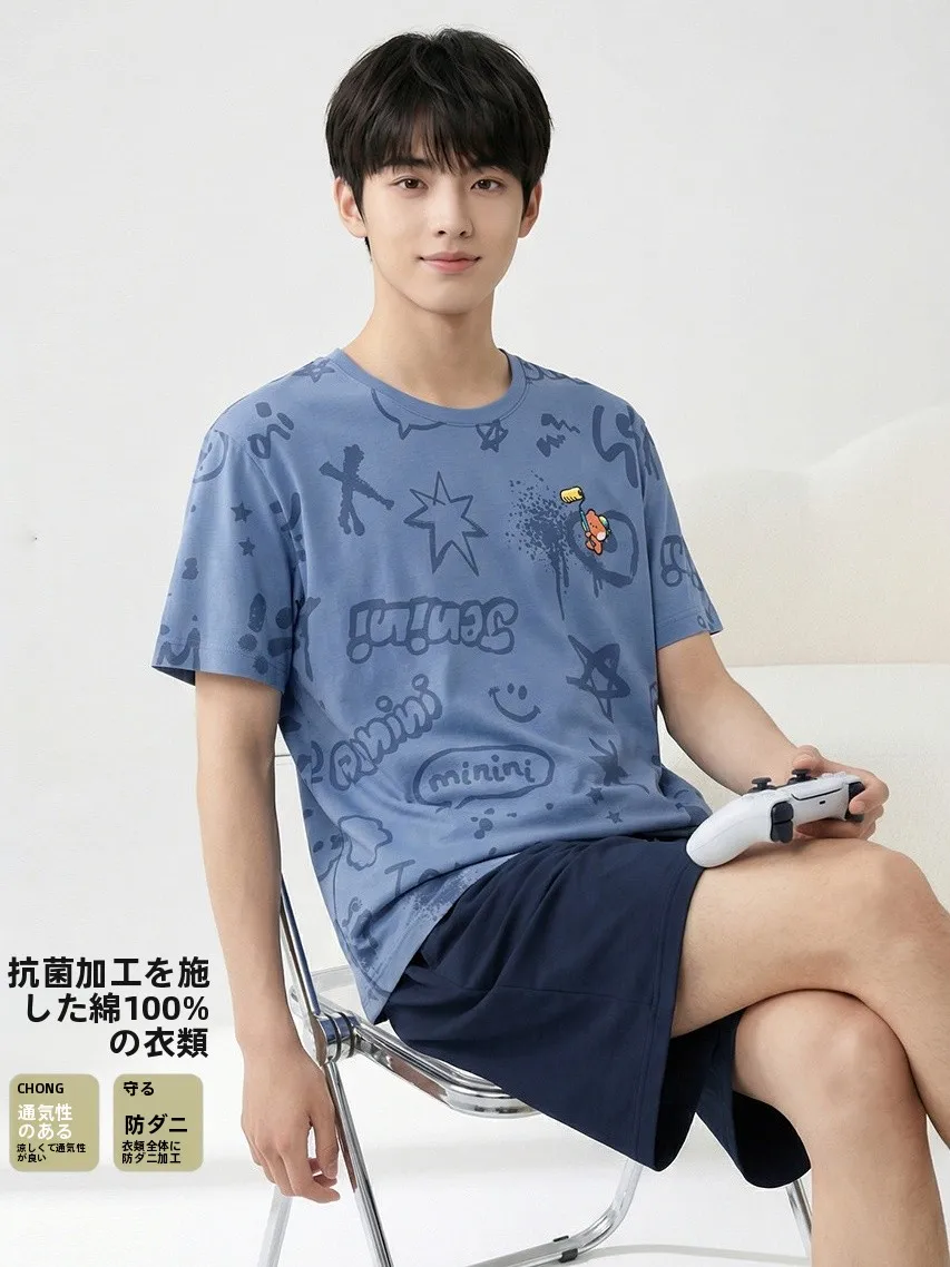fenteng-men's-summer-cotton-pajamas-round-neck-short-sleeve-cartoon-print-loose-home-clothes-shorts-suitable-for-teenagers