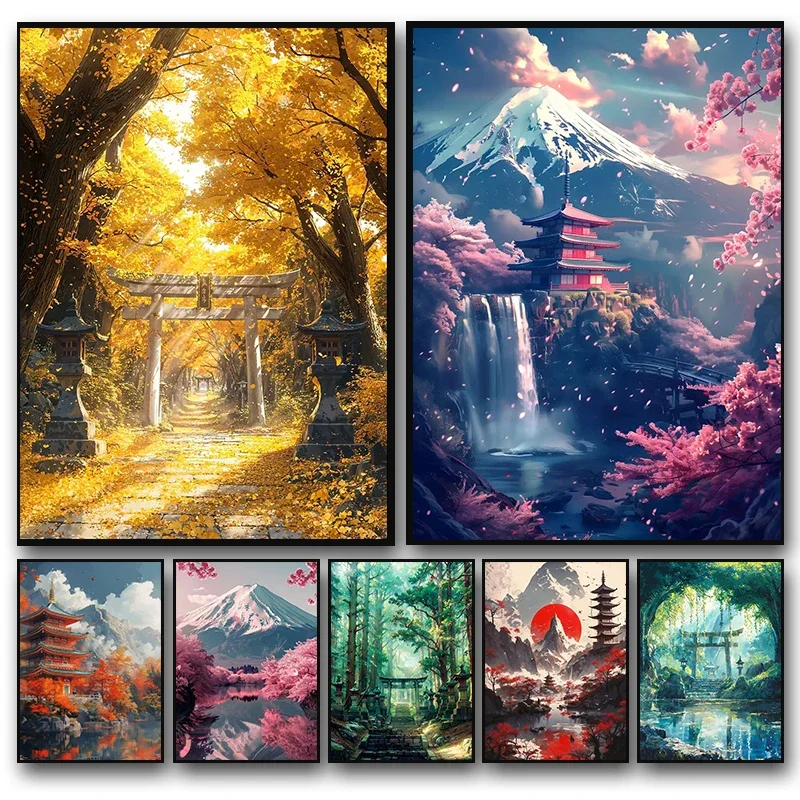 1pc frameless Canvas Painting Japanese Shrine Architecture Aesthetic Forest Scenery Art Posters Canvas Printing Printmaking Livi
