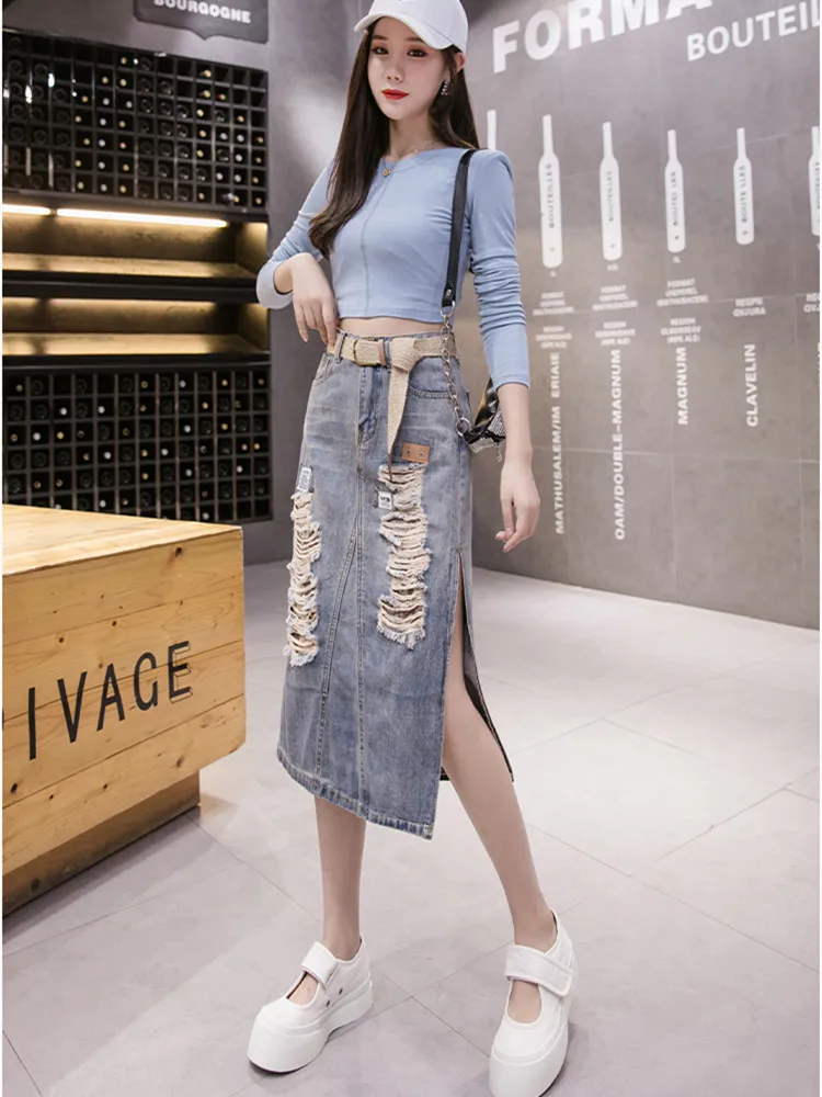 S-2XL Blue Ripped Long Denim Skirt Y2k korean style Loose High Waist A Line Vintage Long Jeans Skirts Style Summer 2024