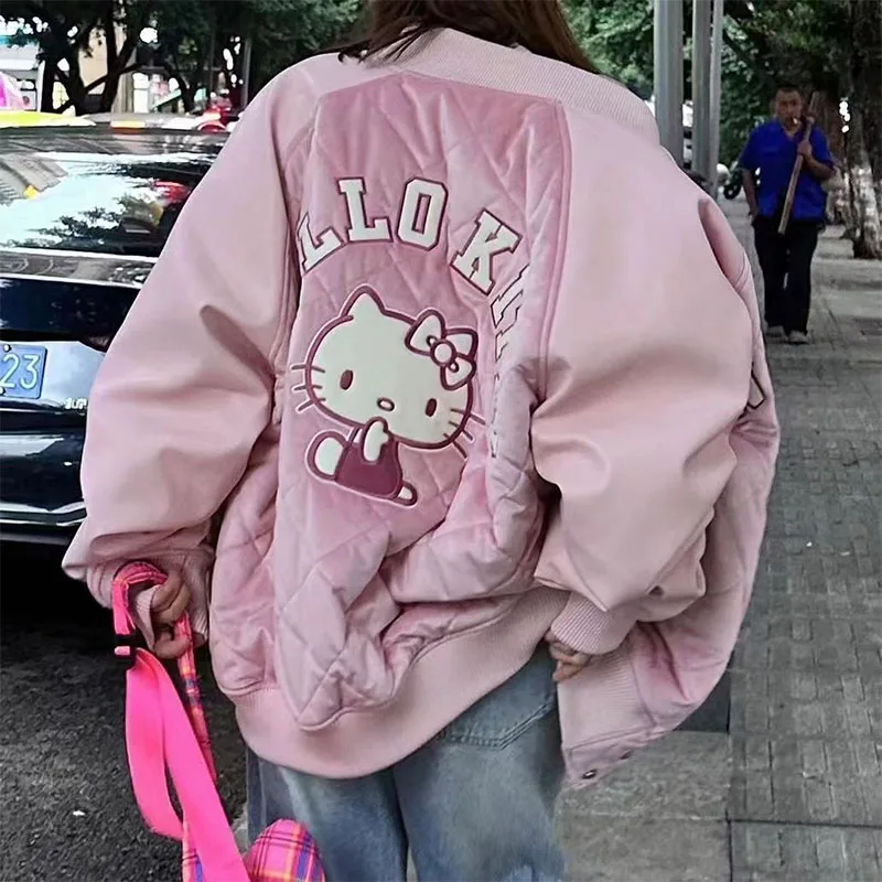 Miniso Sanrio Thickened Baseball Uniform Hello Kitty Kawaii Pink New Autumn and Winter Baseball Jacket Warm Loose Coat Girl Gift