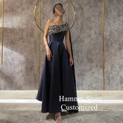 Navy Evening Dress Arabian Party Gown Customized One Shoulder Sleeveless Sequined Cape Saud Arabic Prom Dresses Robe De Soiree