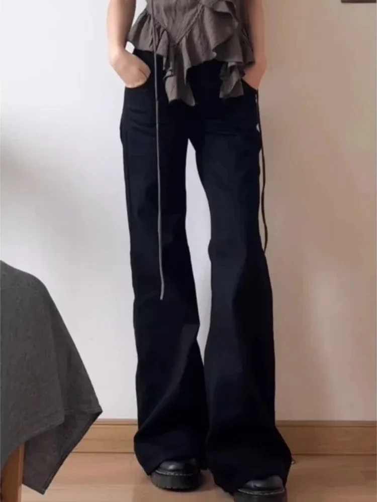 Vintage Washed Black Denim Pants Y2K Style Waist Baggy Jeans for Women Retro Streetwear Casual Minimalist Solid Color Trousers