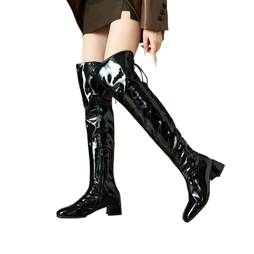 Women Patent Leather Over The Knee Boots Back Lace Up Side Zipper Block Heel Fleece Lined Thigh High Long Fashion Boots EU 32-46