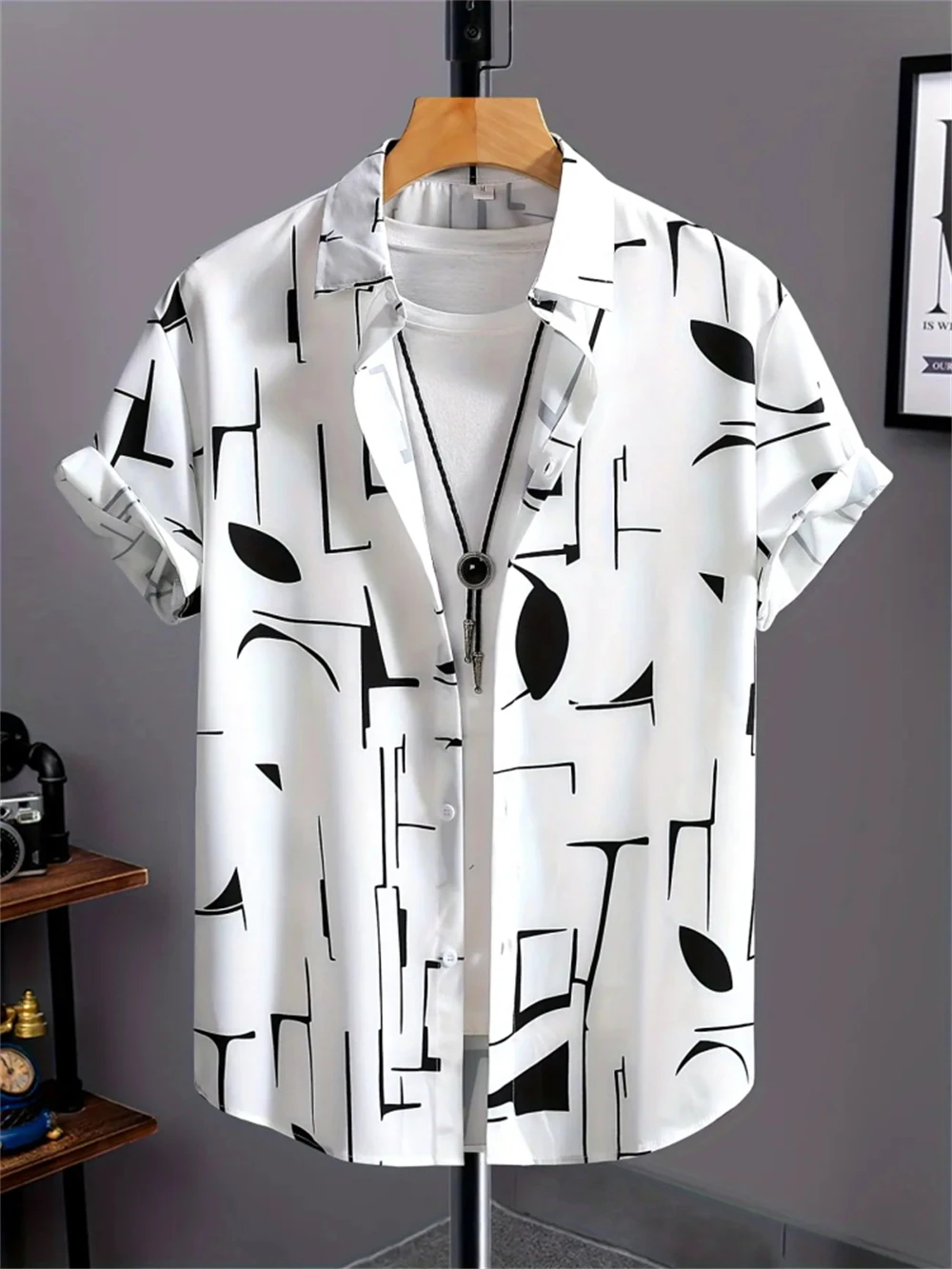 Men Lapel Short Sleeve Shirt White Base Black Abstract Geometric Line Print Loose Daily Casual Button Tops