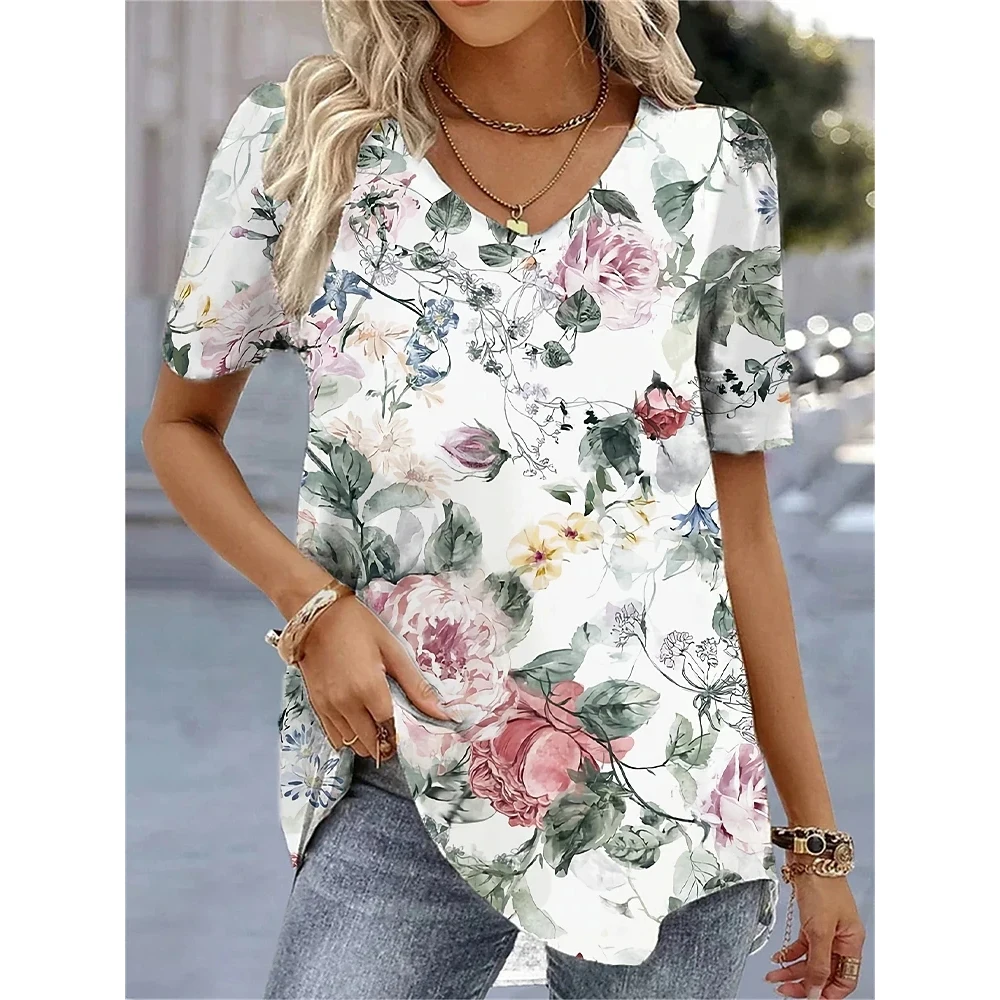 Summer V-Neck T-Shirt Fashion Women Short Sleeves 3D Printed Top Tee Casual Loose Black White Fashion Streetwear Female Pullover