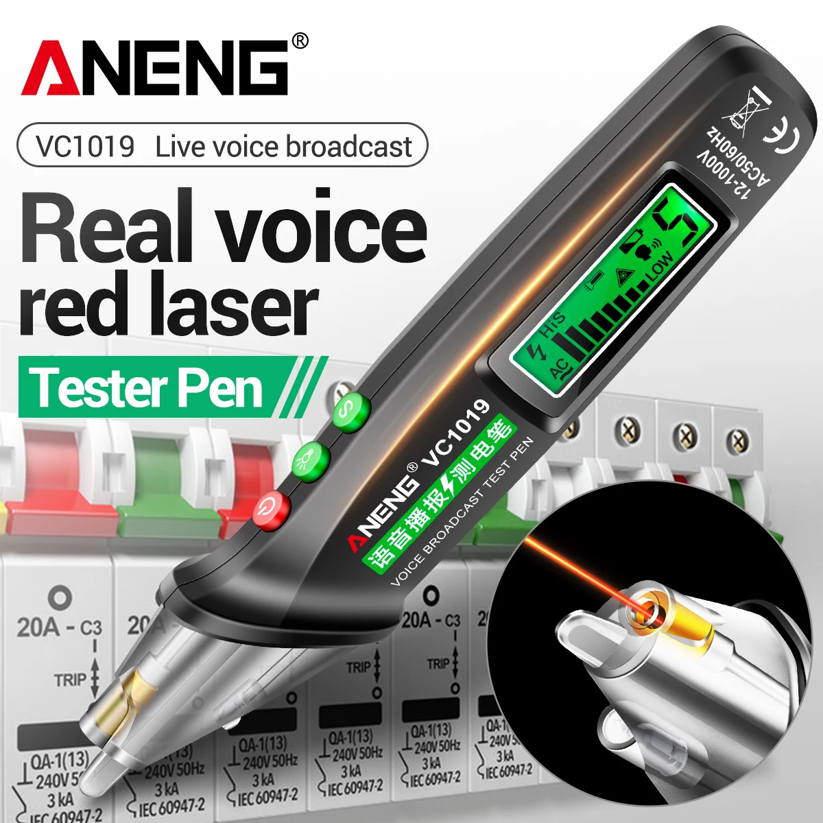 ANENG VC1019 Voice Tester Pen 12‑1000V AC NCV Detector Zero Wire Recognition Sound Light Voice Alarm LED Flashlight Test Tool