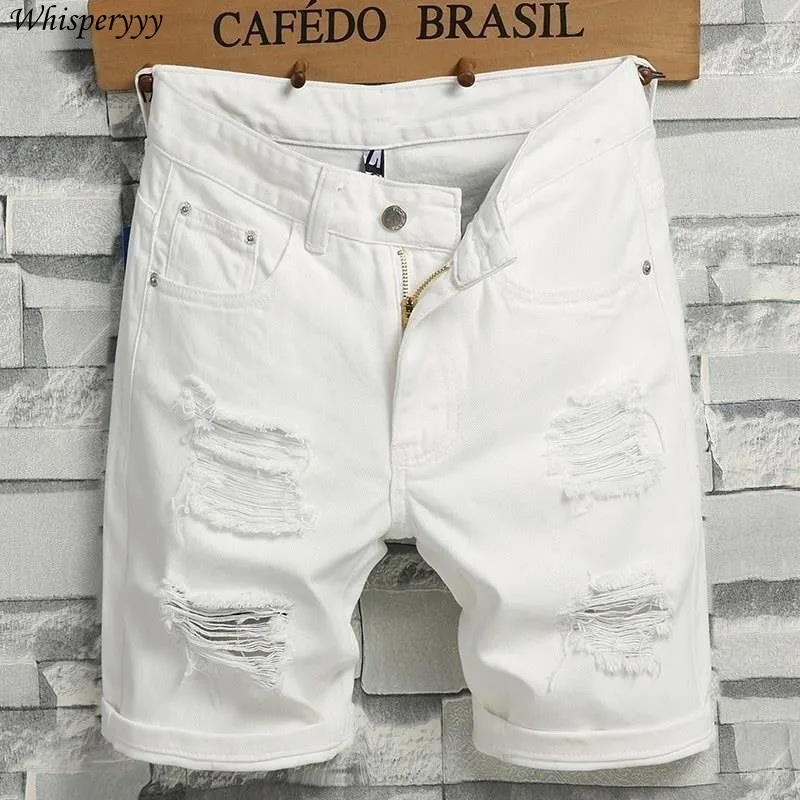 

Black Denim Shorts Men's Summer Thin Loose Korean Hole Casual Medium Pants Male Harajuku Hip Hop White Five-point Jeans