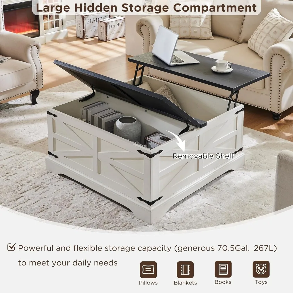 Coffee Table, Farmhouse Lift Top Coffee Table with Storage, 36" Wood Square Center Table with Large Hidden Compartment