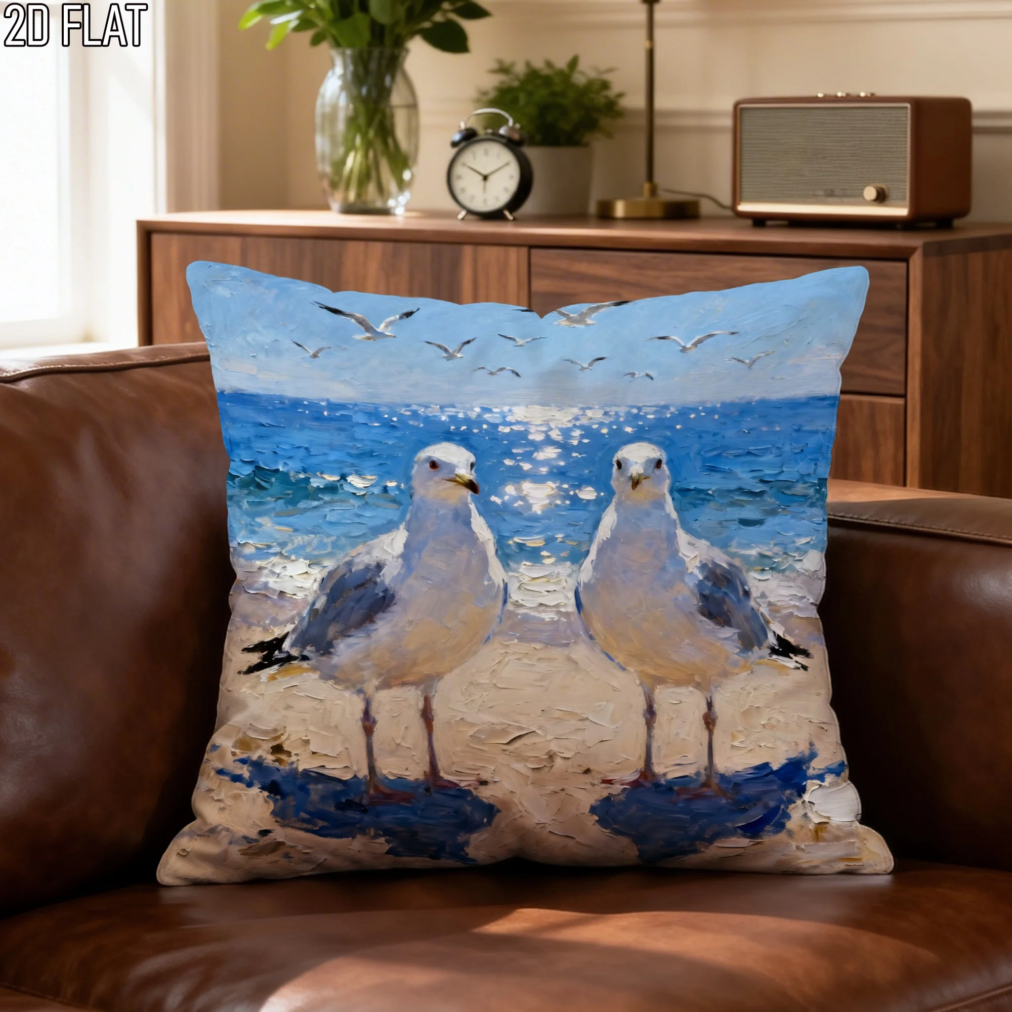 Impressionist Seagull Throw Pillow Cover Coastal Beach Ocean Oil Painting Print Cushion Case for Nautical Home Decor