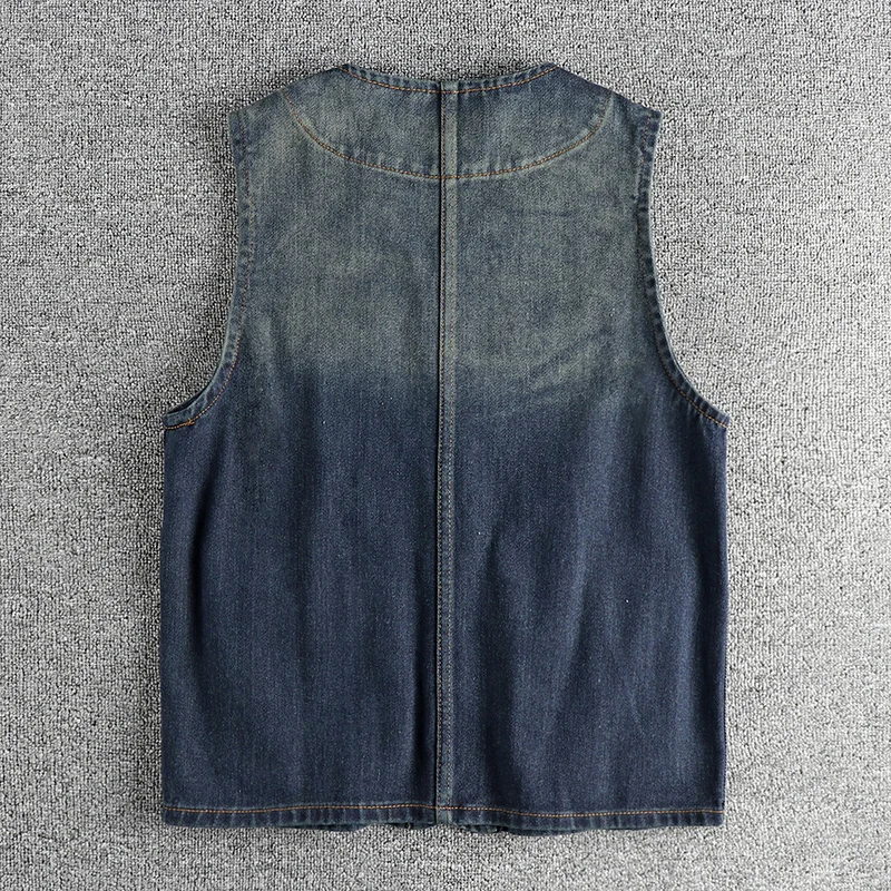 Spring Autumn New Japanese Retro Denim Cargo Vest Men\'s Simple Pure Cotton Washed Old Sleeveless V-neck Multi-pocket Casual Coat