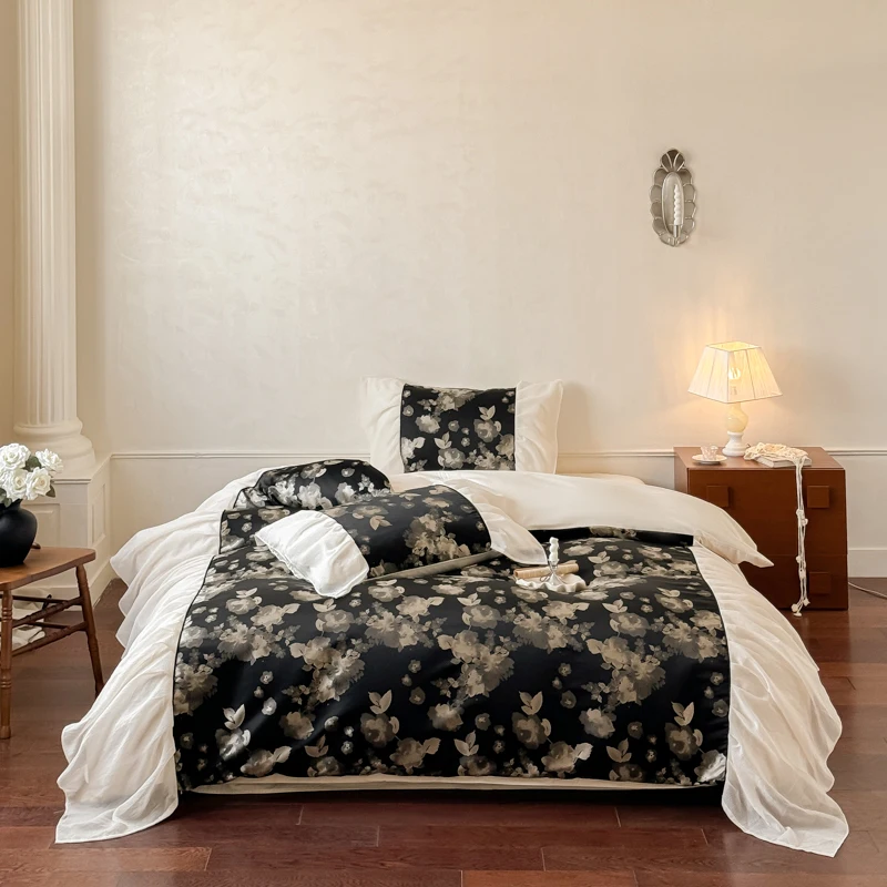 

Vintage 100% Cotton Bedding Set Floral Print Ruffle Edge Bed Cover Set Soft Comforter Cover Set Flat/Fitted Bed Sheet Pillowcase