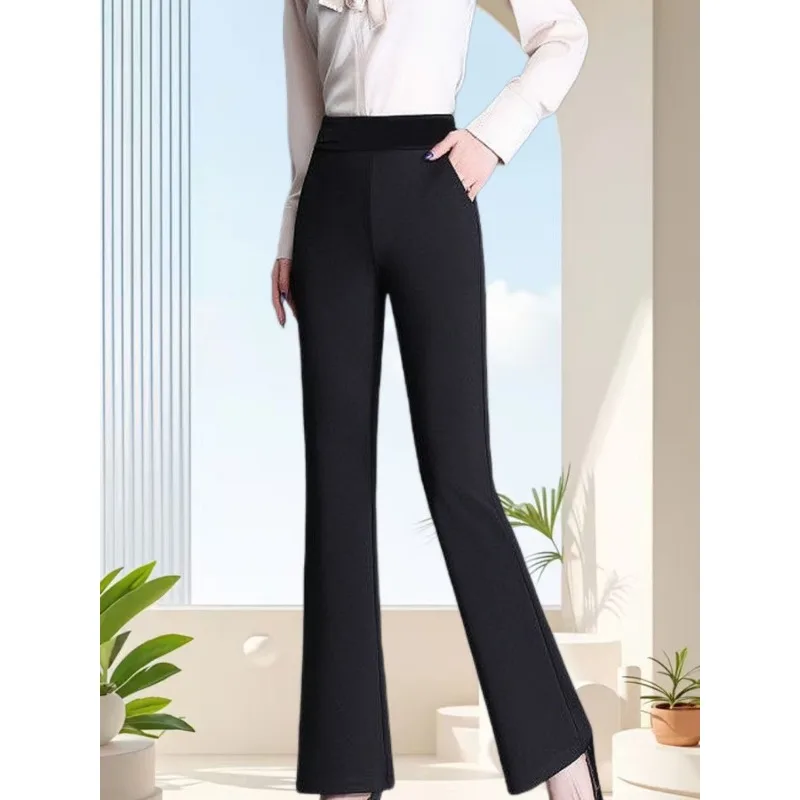 Women's Black High Waist Flare Pants Elastic Waist Slim Fit Office Casual Trousers With Side Slit
