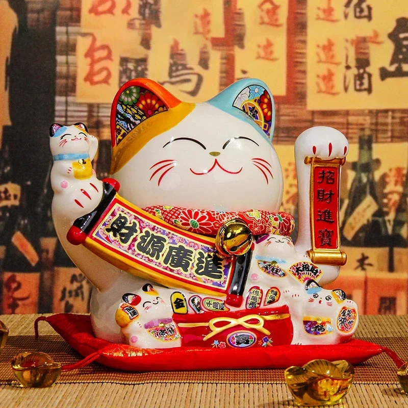 8.2 Inch Ceramic Lucky Cat Ornament Maneki Neko Beckoning Cat with Movable Arm Porcelain Figurine Decoration Statue