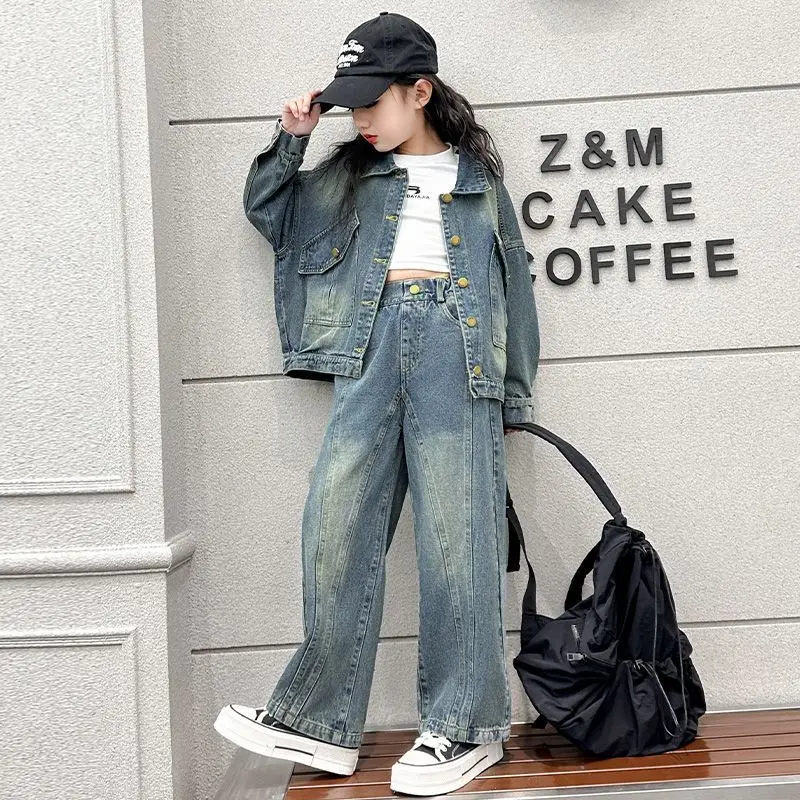 

Джинсовая куртка и брюки для девочек, комплект из 2 предметов, повседневная одежда из двух предметов с прямыми штанинами, осенне-зимняя одежда для девочек от 7 до 8 лет, костюм