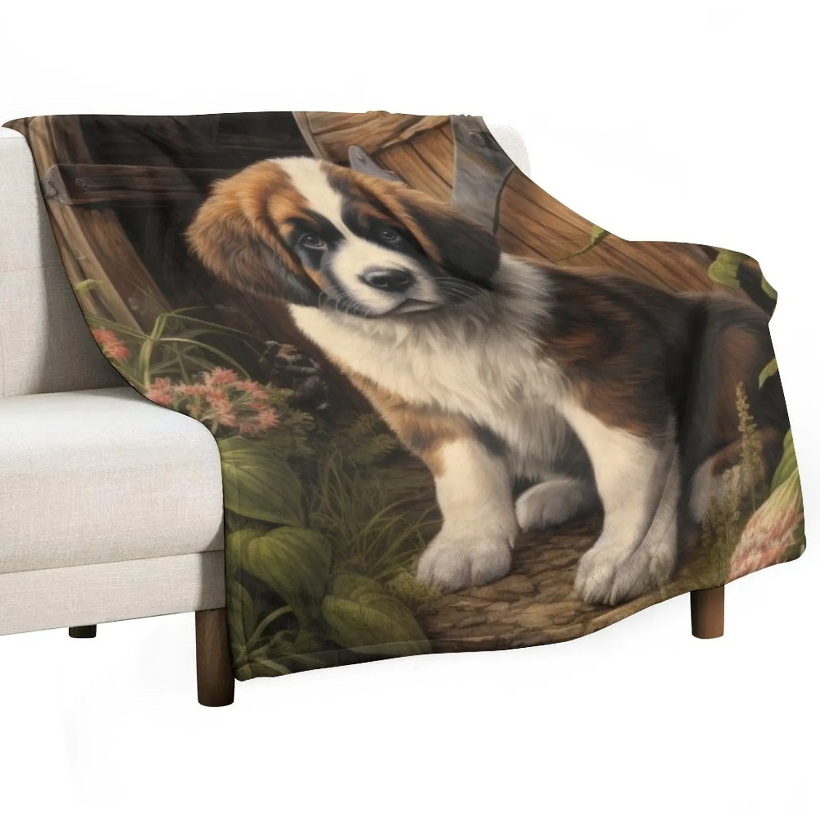 

cute Saint Bernard puppy dog in garden with flowers Throw Blanket Fashion Sofas Warm Blankets