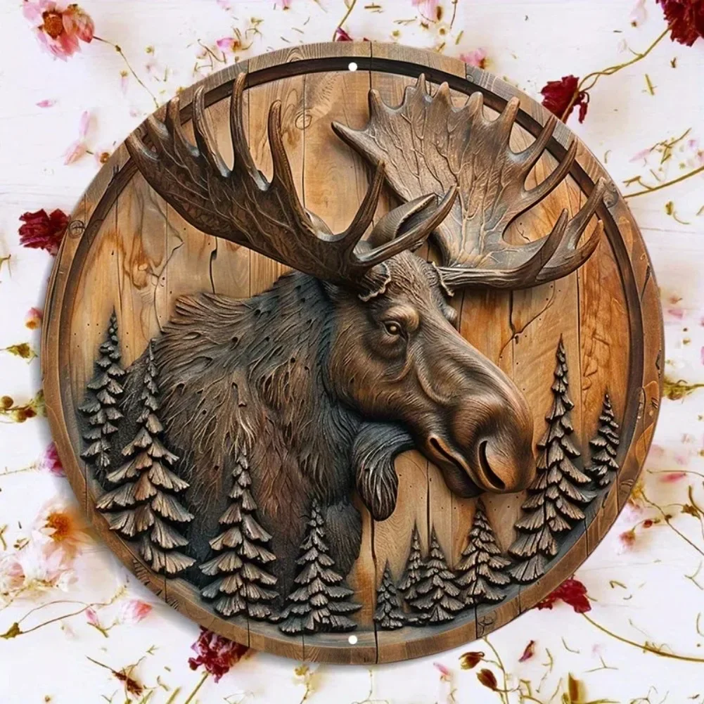 2D Rustic Wreath Circular Wall Decor 1pc - Moose & Pine Trees Wood Carving Design, Waterproof Aluminum Sign for Outdoor Use