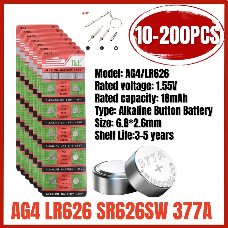 

10-200PCS AG4 LR626 Alkaline Button Battery 1.55V 377 SR626SW 377A CX66W Button Cell Coin Battery For Watch Toys Clock