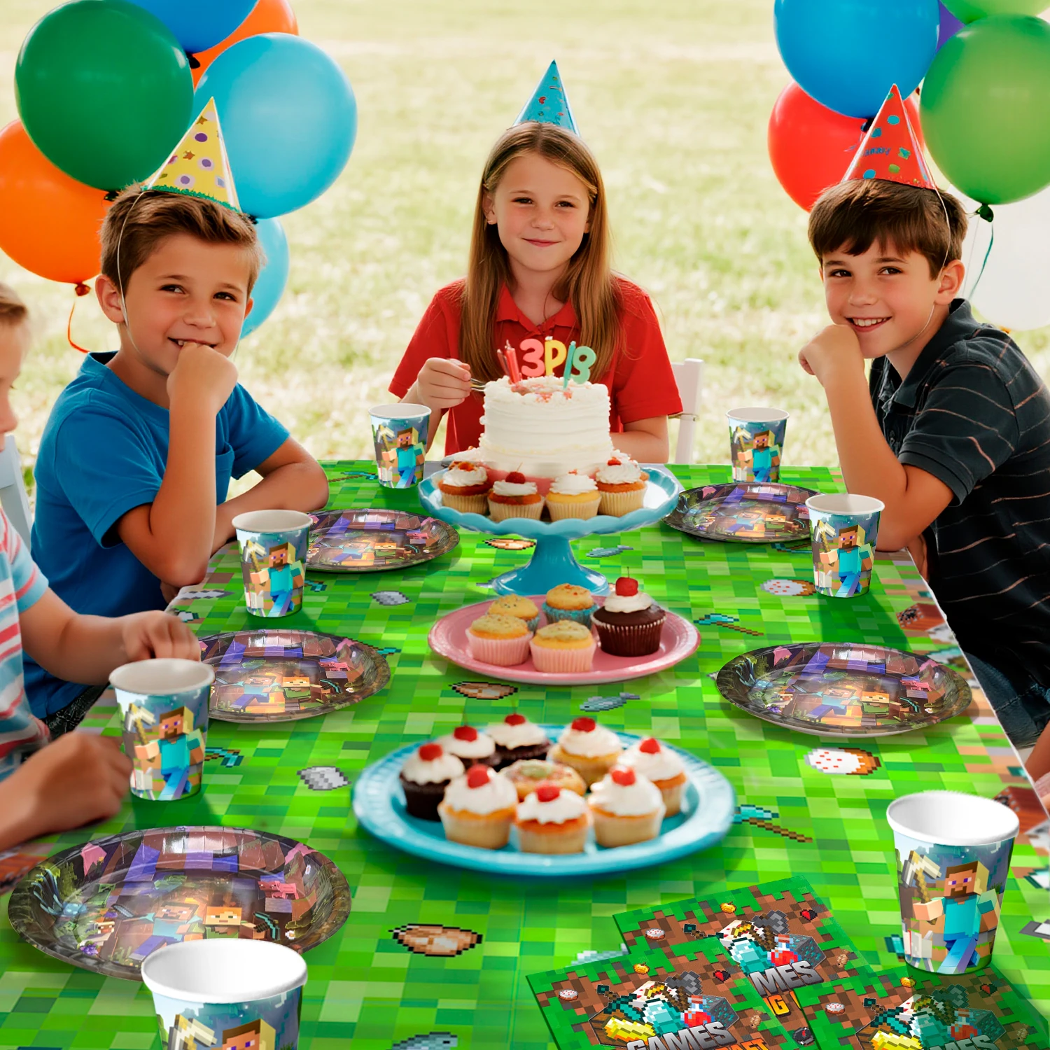 114 قطعة لعبة بكسل زينة حفلة عيد ميلاد أدوات المائدة-بكسل نمط ألعاب راية لوحات المناديل الخ مينر موضوع لوازم الحفلات #3