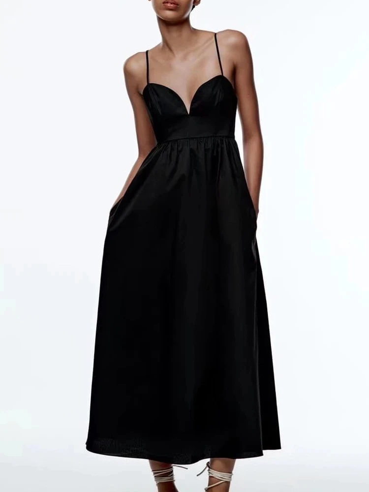 2024 yaz beyaz elbise kadınlar Poplin kemerli elbise Vintage siyah askısız kadın zarif sokak parti MIDI elbiseler giyim