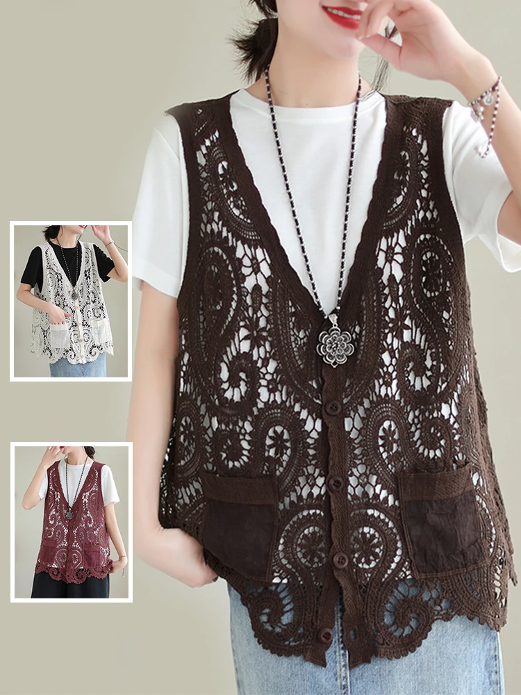

Summer Vintage Hollow out Knitted Vest Large Size Women's V Ne ket Lace Versatile Vest Top Outerwear Casual Thin Model