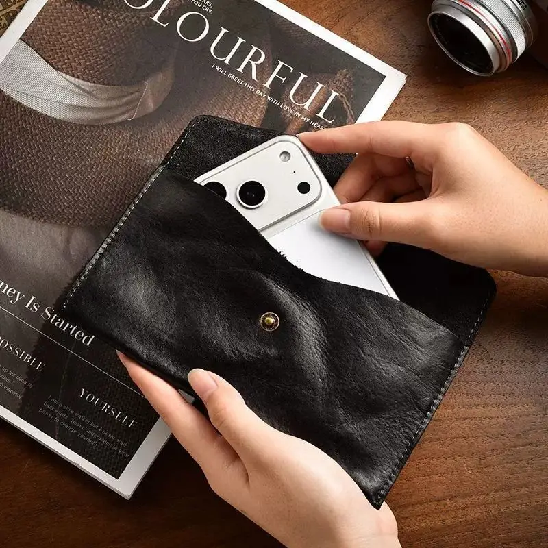 Vintage Grain Leather Long Wallet Mens Slim RFID Phone Clutch Handmade Envelope Card Holder Purse