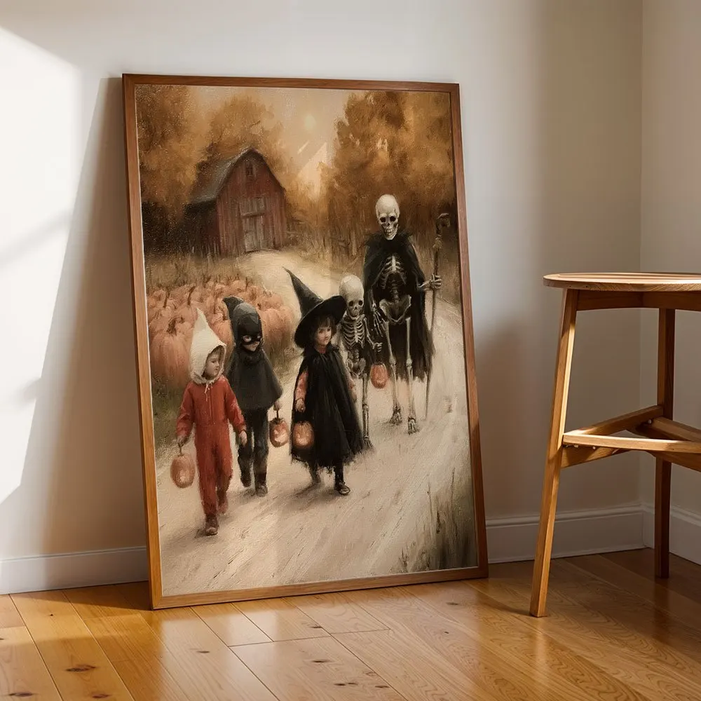 Farmhouse Halloween Canvas Print, Vintage Trick Or Treat Kids Skeleton Pumpkin Barn Scene Oil Painting Poster, Unframed Canvas W