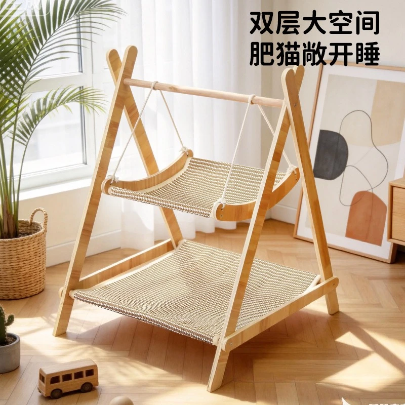 Double Layer Solid Wood Pet Hammock, Sisal Hanging Swing Bed for Cat & Dog