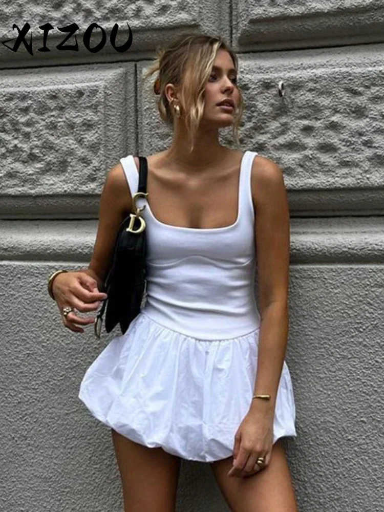 

XIZOU Summer White Patchwork Mini Tank Dress for Women Fashion Square Collar Slim Draped Dress Female A-line Casual Dress 2024