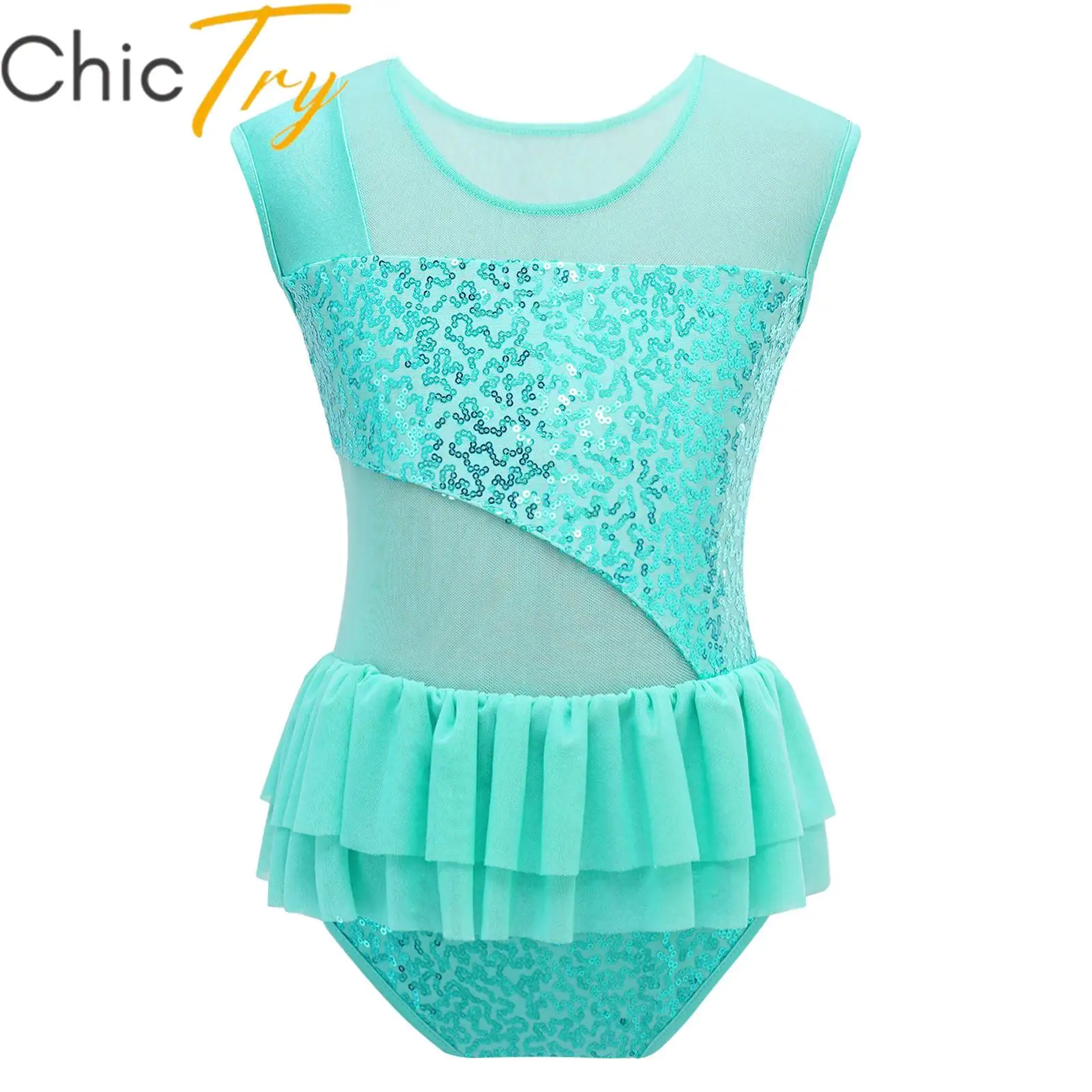 

Kids Girls Ballet Dance Leotard Sleeveless Shiny Sequins Patchwork Style Ruffle Mesh Hem Dance Bodysuit for Sports Gymnastics