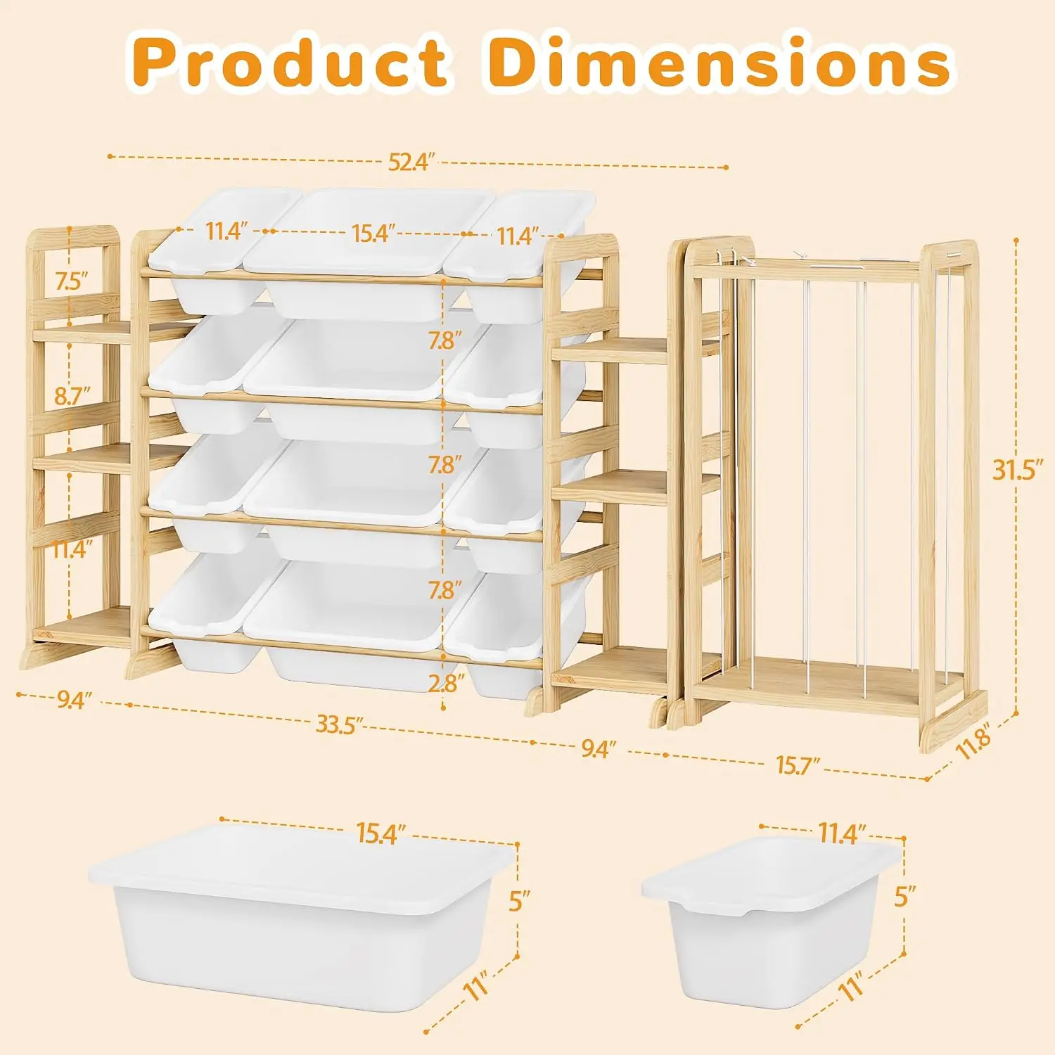 Toy Storage Organizer 12 Bins 6 Shelves Stuffed Animal Tower 3-in-1 Kids Playroom Bedroom Nursery Wood Plushies, Customized