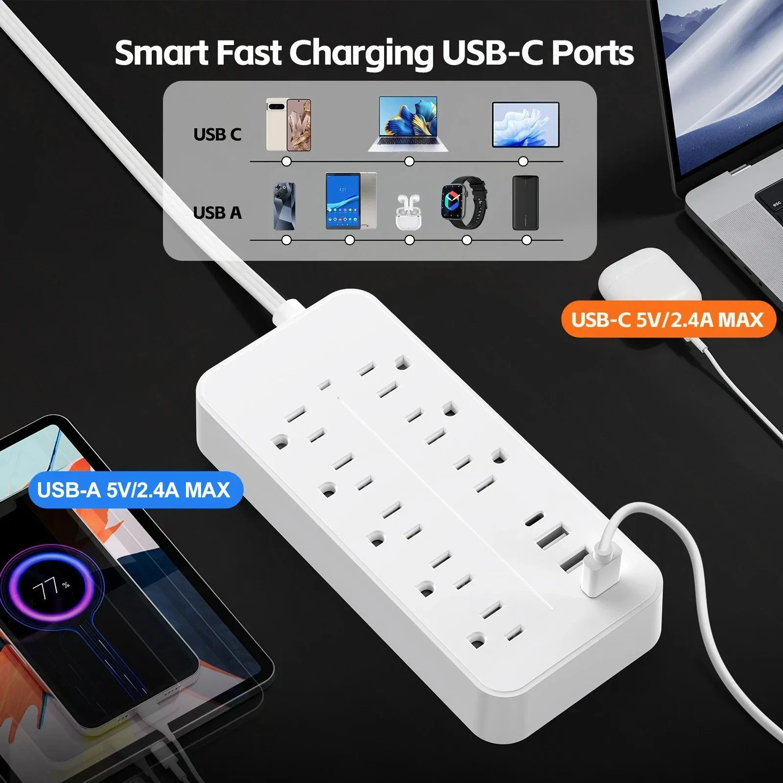 8 Outlet Power Strip Surge Protector with 3 USB A and 1 Type C Charging Ports, 5FT Extension Cord, 125V 15A Wall Mount Plug Strip for Home Office Dorm Kitchen Bedroom, USA Standard