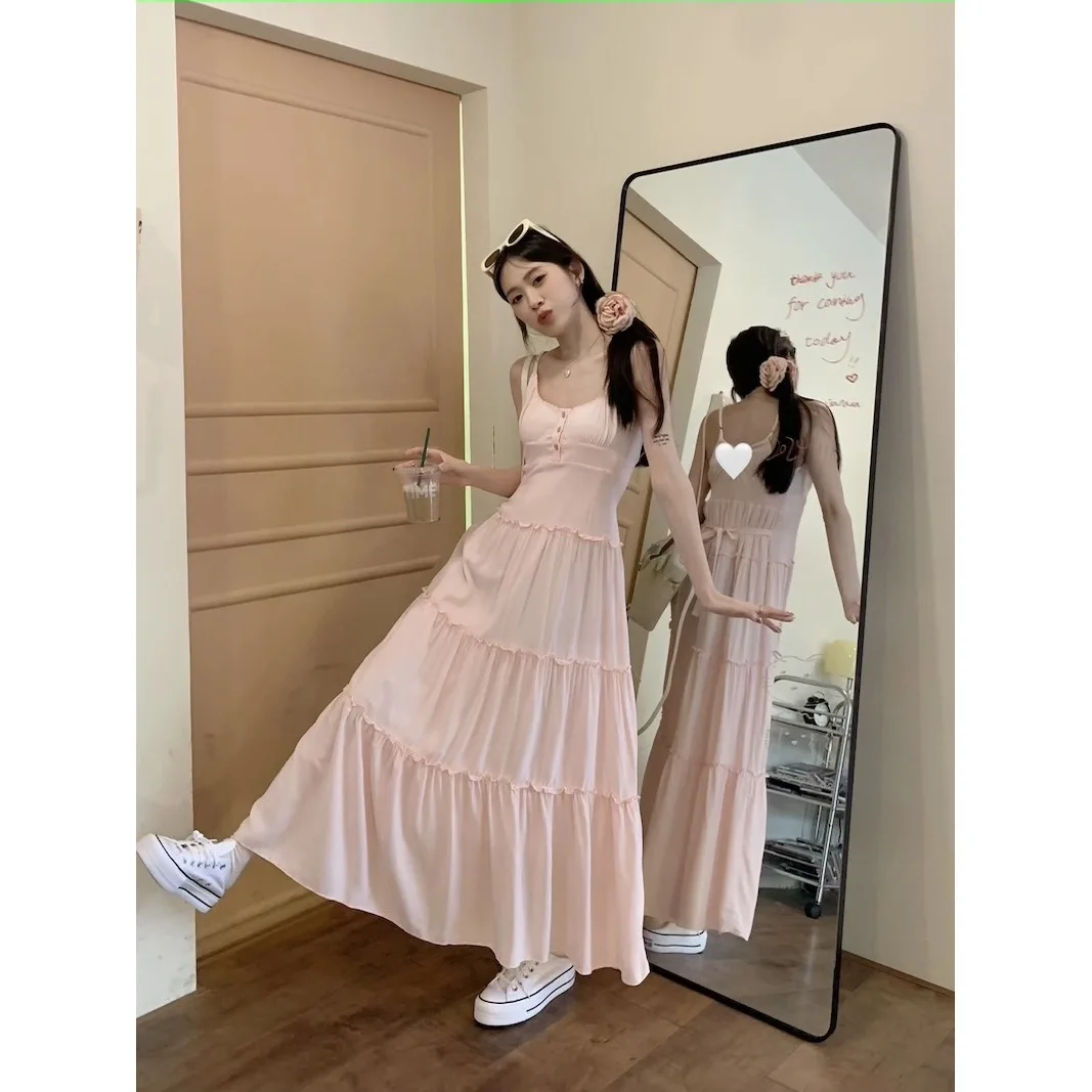 

Summer Pink Camisole Dress for Women Spring and Summer Seaside White Dress Sweet Long Dress Waist Cinching Dress
