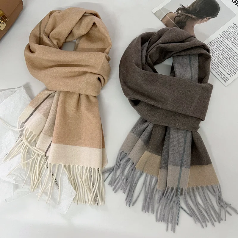 

Женский зимний шарф из австралийской шерсти, корейская версия, нежная универсальная утолщенная теплая шаль с цветными блоками
