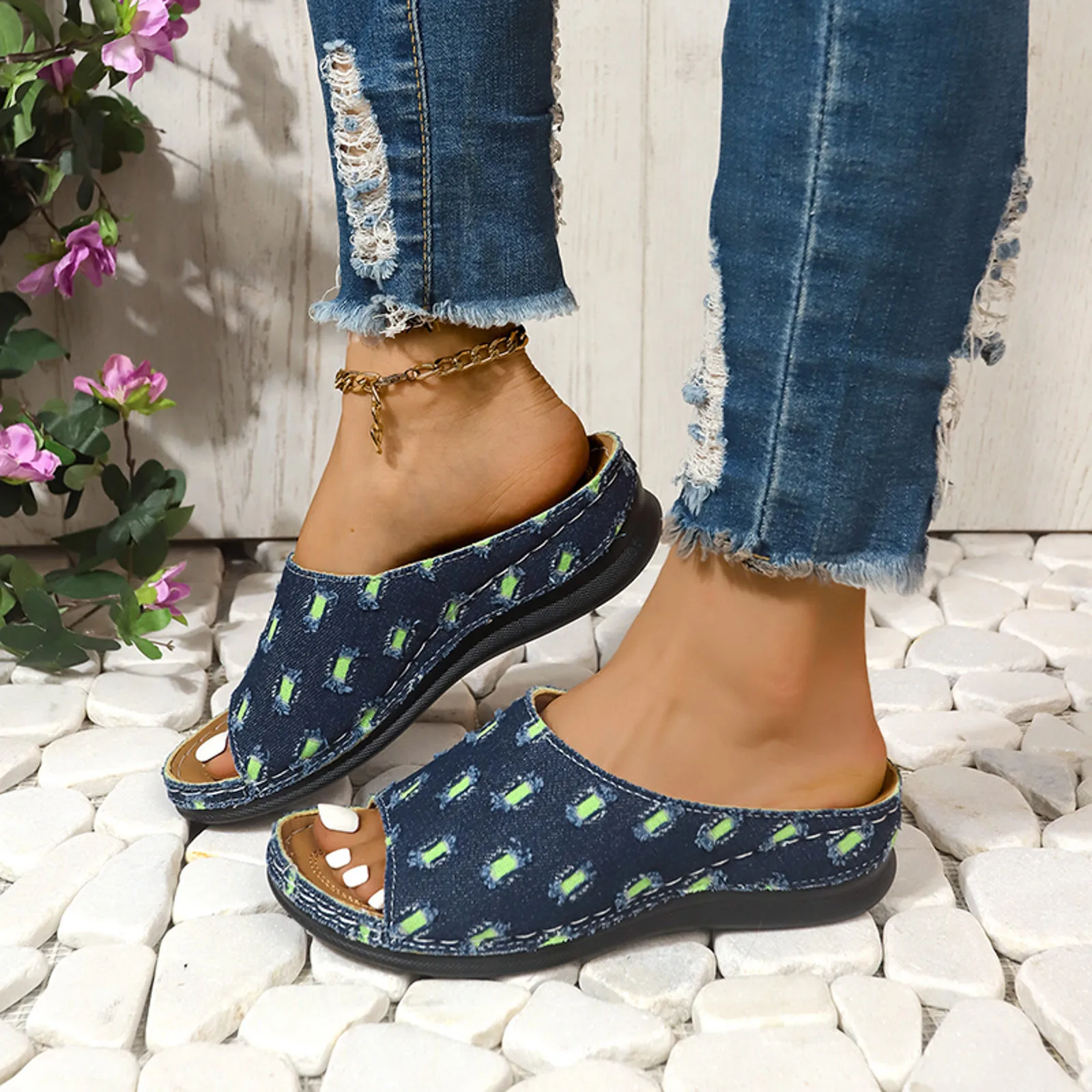 كعب للنساء ، مرقع من الدنيم ، ملابس خروج للشاطئ ، حجم كبير ، كعب منحدر ، صنادل ، نعال ، أحذية للسيدات ، الصيف ، #4