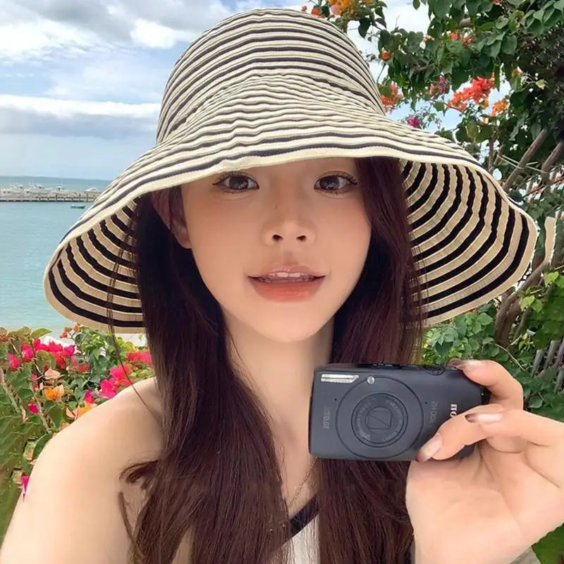 2026 Summer Versatile Foldable Color-Blocked Striped Wide-Brimmed Sun Hat For Beach Vacations And Sun Protection