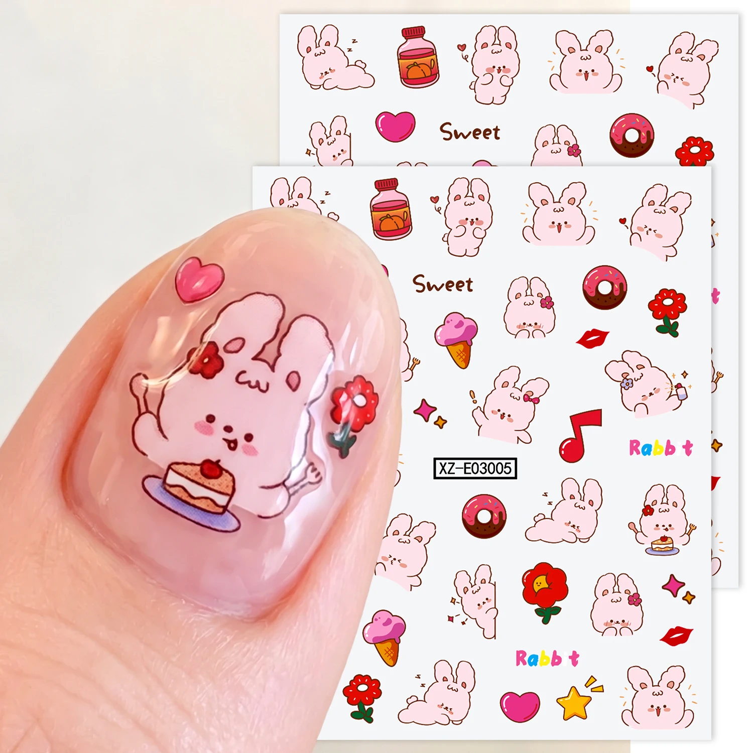 1Pcs Kawaii Pink Ribbit Nail Stickers Flower Donut Ice-Cream Bunny Self Adhesive Nails Decals Kid Girl Cartoon Manicure Sliders view 2