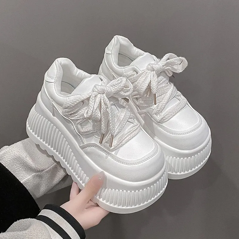 

2026 New Synthetic Microfiber Leather Women 8.5CM Platform Wedge Ladies Chunky Sneakers High Brand Fashion Vulcanize Pumps Shoes