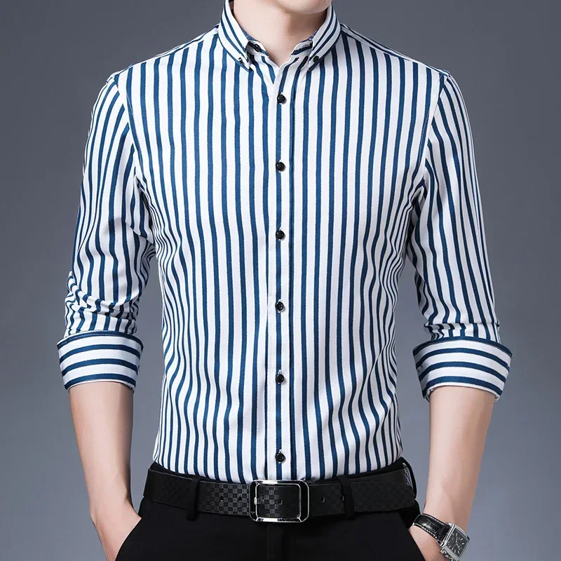 New in shirt striped elastic thin Long-sleeve shirts for men slim fit formal plain shirt casual anti-wrinkle office clothes