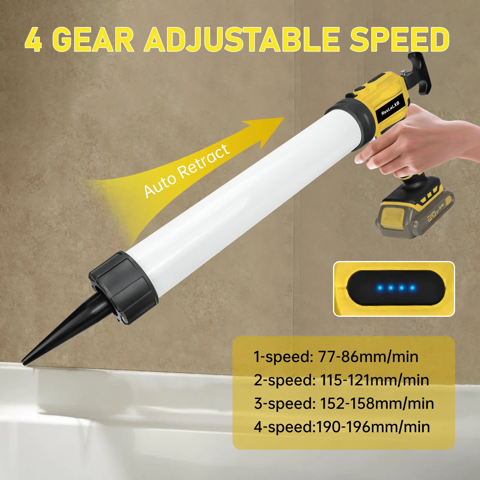 Cordless Caulking Gun 20oz/600ml Electric Silicone Gun 4 Speed Drip-free Filling Sealing Repair Tool for Dewalt 20V Battery Pin