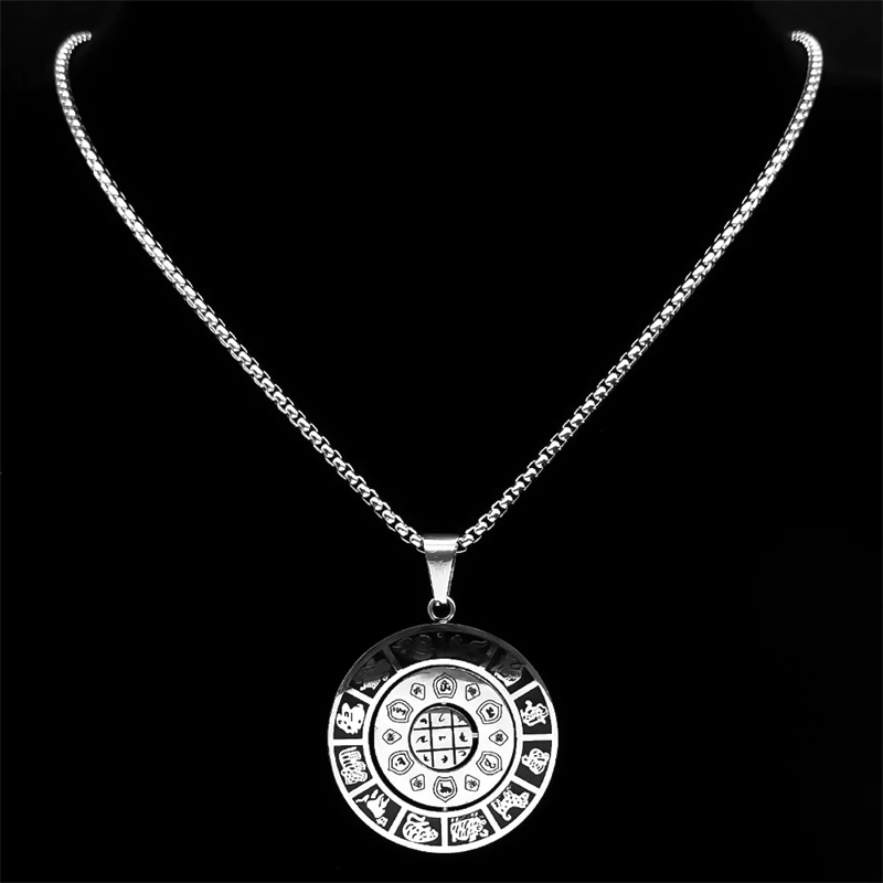 Buddhism Chinese Zodiac Lotus Rotatable Necklace for Men Women Stainless Steel Nine Palaces Bagua Amulet Chain Jewelry NZZZ172